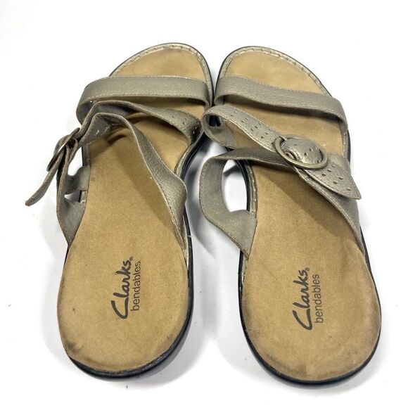 Clarks Bendables Leather Sandals Metallic Gold Open Toe Slide Slip On Size 10 - Picture 4 of 6